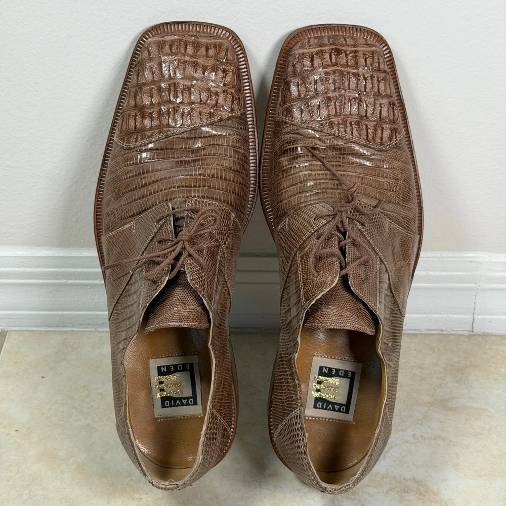 David Eden Oxford Shoes Mens 9.5 Brown Hornback Caiman Lizard Exotic Square Toe